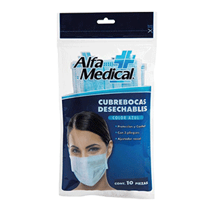 Cubre bocas desechables con ajustador nasal Alfa Medical 10pz